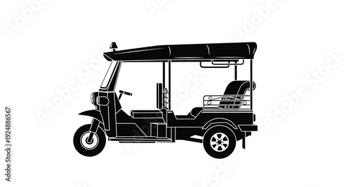 Simple black and white illustration of a thai tuk tuk vehicle