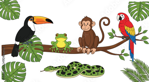 Colorful cartoon jungle animals including toucan, frog, monkey, parrot, and snake with tropical leaves, playful wildlife illustration for children