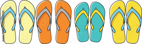Colorful collection of summer flip-flops arranged in neat row, vibrant footwear variety showcasing casual beach fashion and lifestyle design