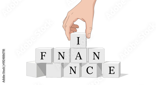 Hand building the word FINANCE with blocks, symbolizing financial growth and planning