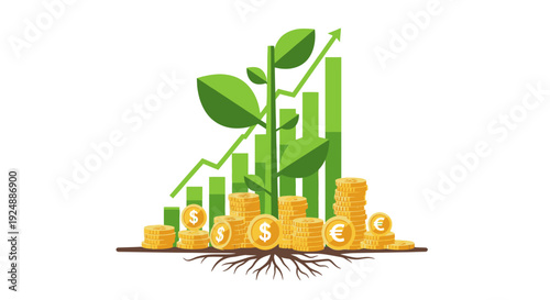Financial Growth Concept: Plant Growing from Coins with Upward Trend Graph