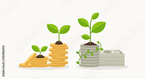 Financial Growth Concept: Growing Plants on Stacks of Coins and Bills