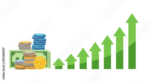 Financial Growth Concept: Stacks of Coins and Banknote with Upward Trend Arrows