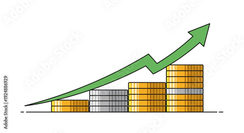 Financial Growth Concept: Stacks of Coins with Upward Trending Green Arrow Graph