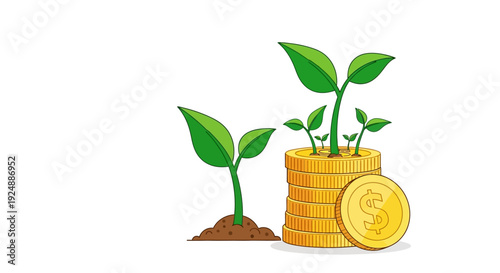 Financial Growth: Plants Sprouting from Stacked Gold Coins