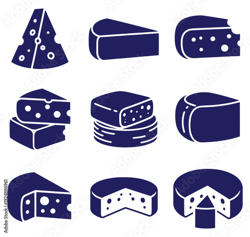 Cheese pieces and wedges in various shapes and sizes are shown in blue silhouette on white background