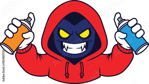 Evil graffiti artist mascot in red hoodie holding spray paint cans, street art urban character vector illustration isolated on white background