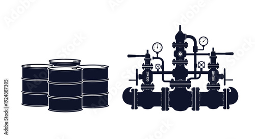 Industrial oil drums and complex pipeline valve system illustration