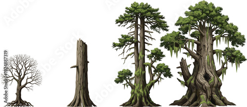 Five stylized trees showing stages of growth and maturity, decorative nature illustration symbolizing life cycle, ecology, and development