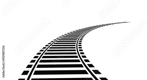 A long curving railroad track stretches towards the vanishing point