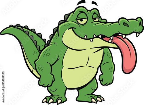 Funny cartoon alligator standing upright with droopy eyes, long tongue, green scales, claws, playful posture, and humorous children’s character design