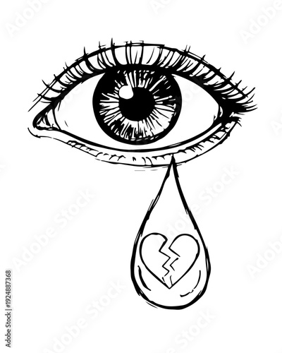 Tear drop with broken heart illustration, emotional crying eye