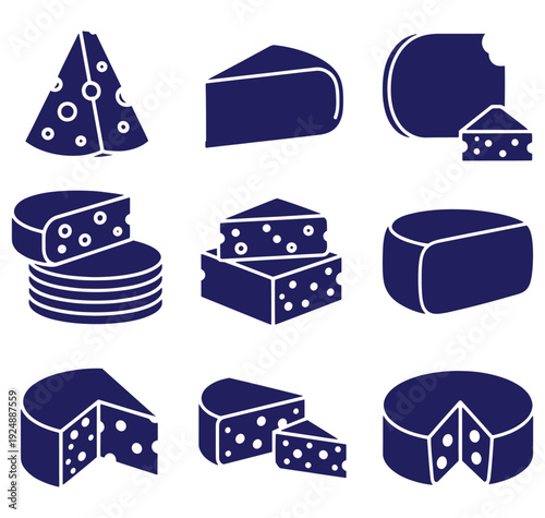 Collection of various cheese types and slices on white background
