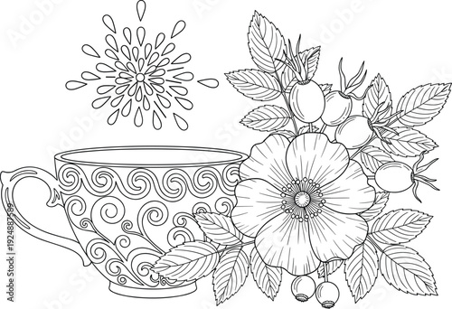 Intricate black-and-white line drawing of ornate teacup with floral arrangement, rose hips, and decorative steam burst design