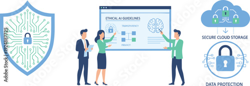 Ethical AI guidelines concept, cybersecurity protection, secure cloud storage, data privacy management, artificial intelligence compliance, flat vector illustration