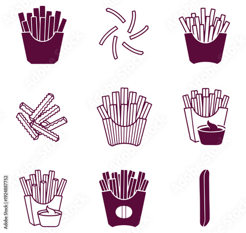 Collection of various french fries icons in different styles and containers