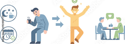 Healthy lifestyle transformation concept, sleep routine improvement, productivity growth, positive habits development, work life balance success, flat vector illustration