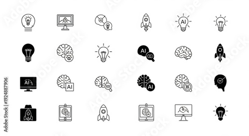Collection of black and white icons representing technology and innovation concepts on a white background viewed from a straightforward perspective
