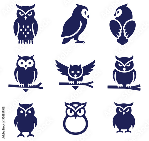 Collection of various owl silhouettes in different poses and expressions on white background