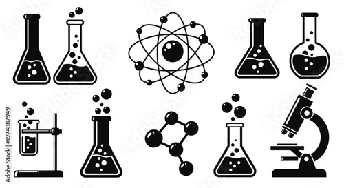 Scientific equipment and atomic structures in a black and white illustration