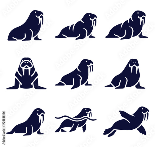 Collection of walrus silhouettes in various poses and styles on white background