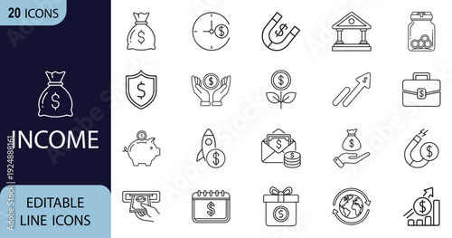 Income web line art icon set. Finance, saving, income, revenue, profit, earning collection. Vector illustration.
