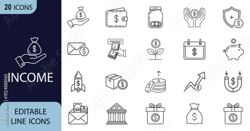 Income web line art icon set. Finance, saving, income, revenue, profit, earning collection. Vector illustration.