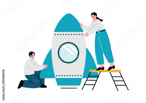 ロケットを組み立てるビジネスマン