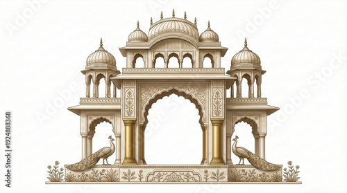 Elegant Mughal Marble Arch Pavilion With Peacock And Dome Elements For Royal Indian Wedding Invitation Background, Traditional Palace Architecture Frame Isolated On White, Detailed Vintage Vector Illu