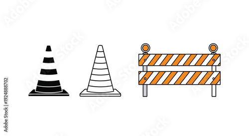Traffic cones and a barrier simple vector illustrations of road safety