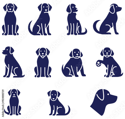 set of blue dog silhouettes in various poses on white background