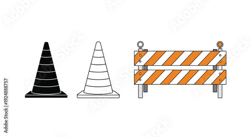 Illustration of traffic cones and a barricade safety and construction elements