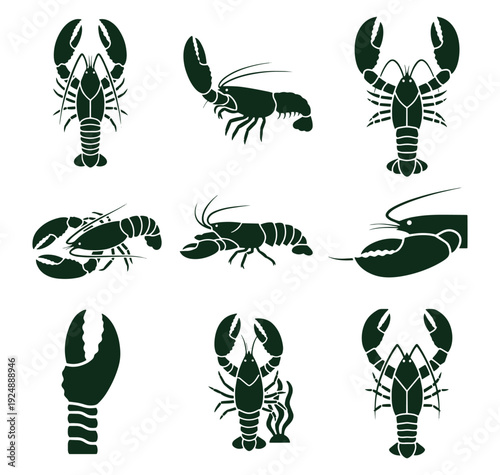 Set of dark green lobster silhouettes on white background for design and illustration