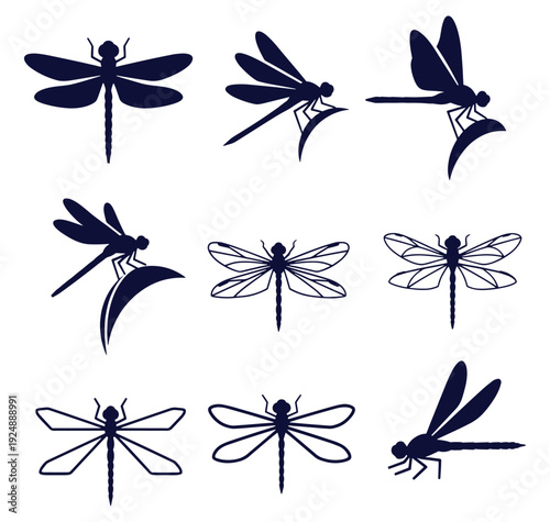 set of dragonfly silhouettes in various poses and styles on white background