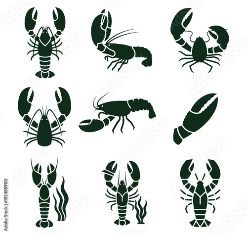 Set of green lobster silhouettes on white background for seafood design