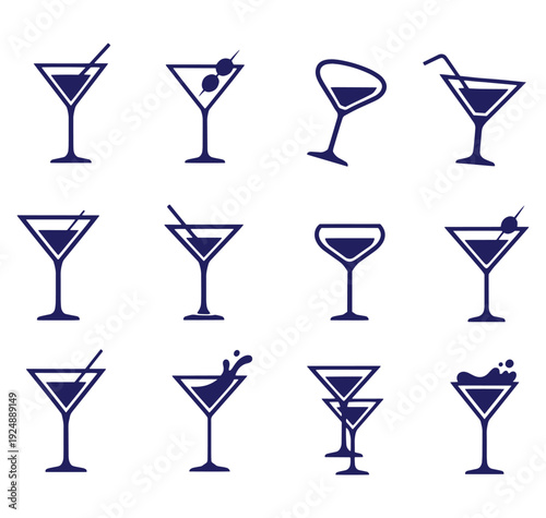 set of martini glasses with different contents and straws