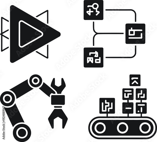 A collection of industrial and technological icons on a white background