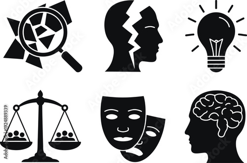 A collection of black and white icons representing various psychological concepts