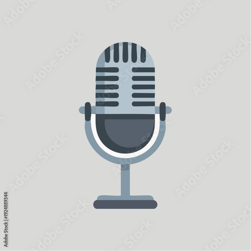 Stylish flat design illustration of a classic vintage microphone, perfect for audio recording, podcasting, broadcasting, or music production concepts, evoking a nostalgic retro feel
