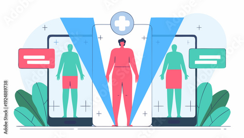 Futuristic Human Body Biometric Scan Vector with Digital Health Interface, Medical Analysis Technology, Healthcare Data Visualization Background for Innovation Presentation