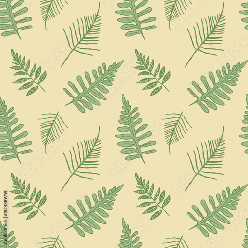 Seamless Forest Fern Pattern with Botanical Leaves on Beige Background – Nature Inspired Woodland Design