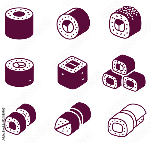 Various types of sushi rolls and pieces on white background