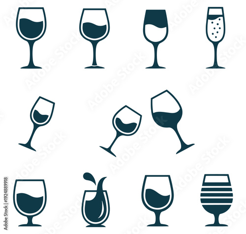 Wine glasses in various shapes and sizes with different amounts of liquid
