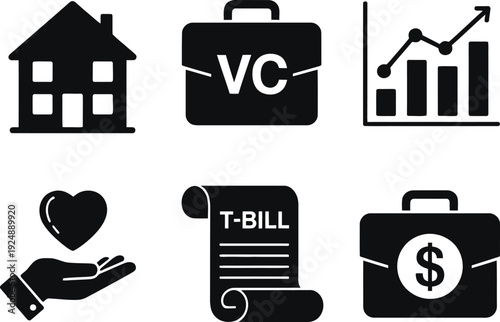 A collection of financial and investment icons on a white background