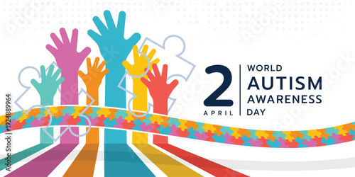 Wolrd Autism Awareness Day - Long line autism awareness puzzle ribbon and line puzzle cross group of colorful raised hands vector design