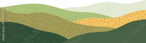 Wavy green yellow landscape texture background. Collage agriculture banner with abstract wheat, rice or vineyard. Corn field collage pattern.