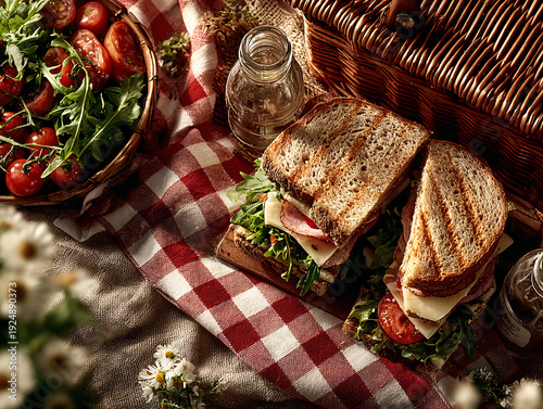 A sun-dappled picnic scene on a red gingham blanket features grilled panini sandwiches, a fresh arugula-tomato salad, glass bottles, and a wicker picnic basket, accented by white wildflowers.