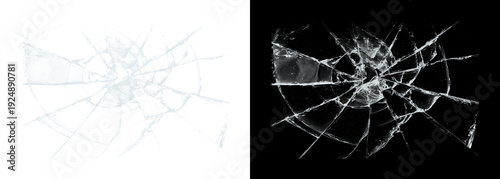 Tableau sur toile Cracked glass shattered windowpane on black and white backgrounds