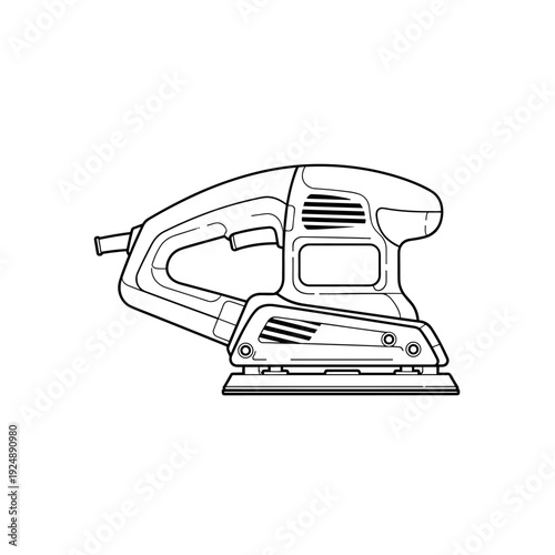 Orbital sander vector illustration, electric power tool line art, handheld finishing sander for woodworking and home improvement projects