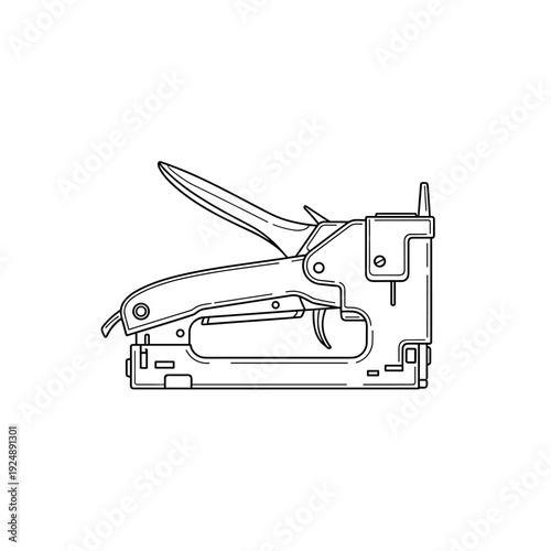 Industrial staple gun vector illustration, heavy duty manual upholstery stapler line art, professional construction hand tool for carpentry and diy
